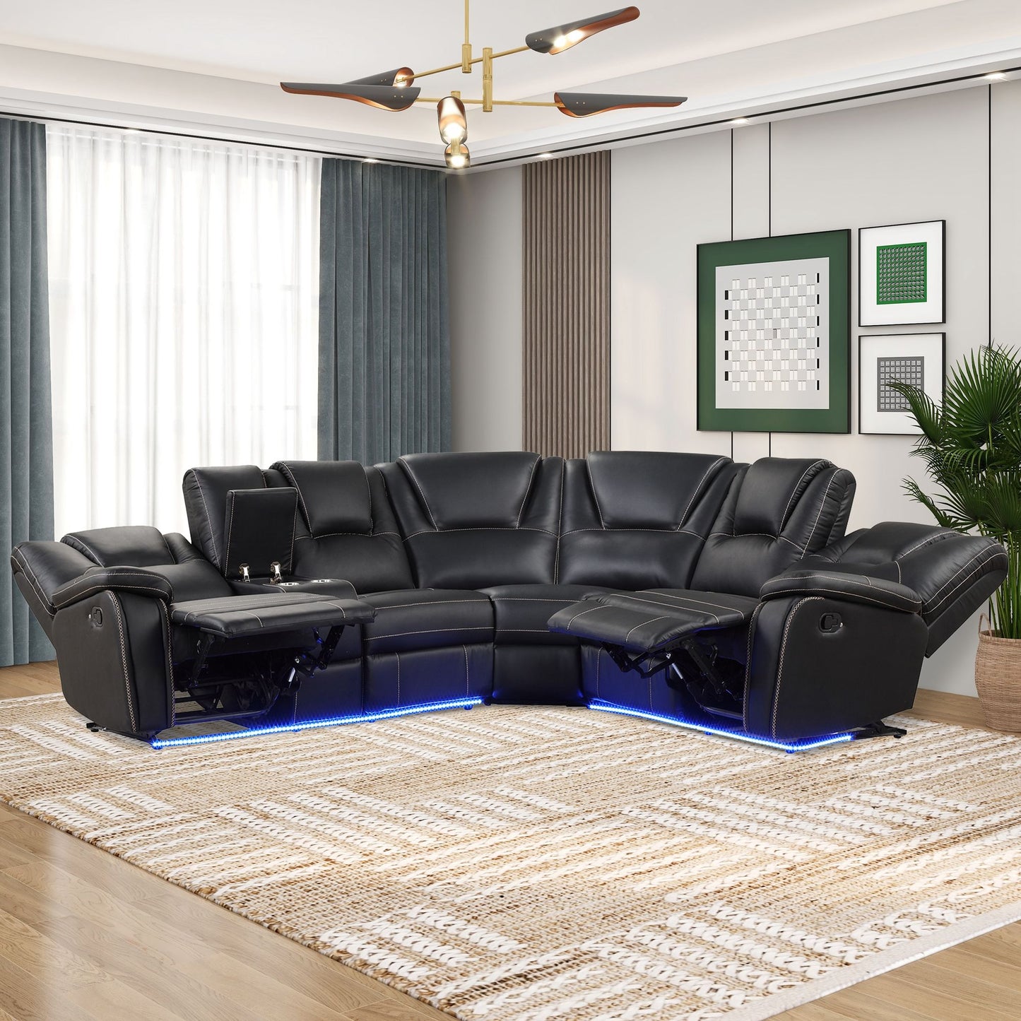 Modern Faux Leather Manual Reclining With Center Console With LED Light Strip, Living Room Furniture Set, PU Symmetrical Couch With 2 Cup Holders And Storage For Living Room