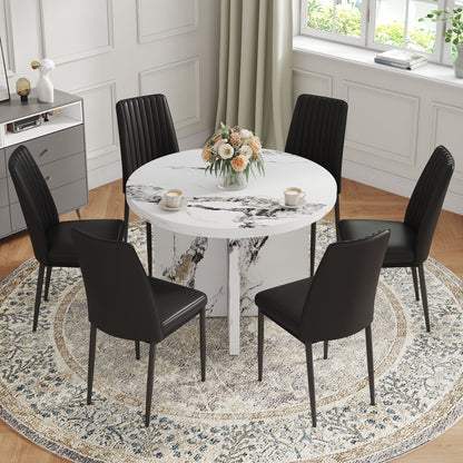 7 Piece Round Dining Table Set, Modern Round Table And 6 Upholstered Chairs For Dining Room, Kitchen Room, Living Room - White / Black