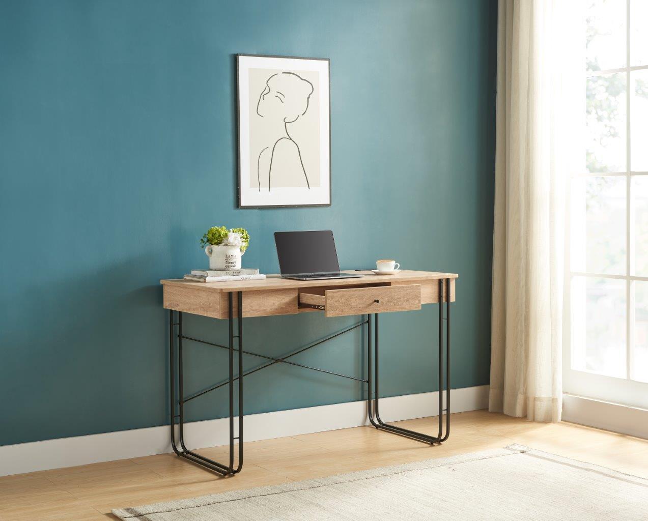 Computer Desk Writing Desk With One Drawer, Metal Legs And USB Outlet Port