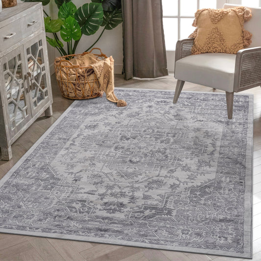 Marfi - 6' x 9' Oriental Non-Shedding Stylish And Stain Resistant Area Rug - Silver