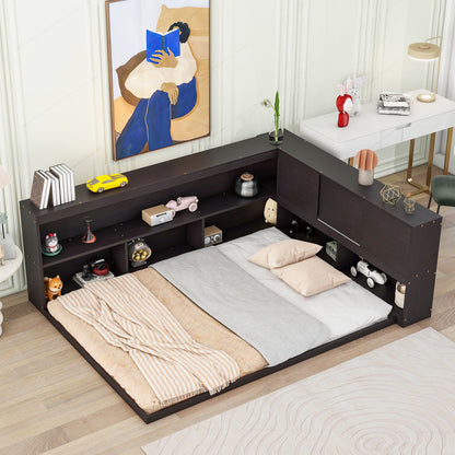 Floor Bed With L-Shaped Bookcases, Sliding Doors, Without Slats