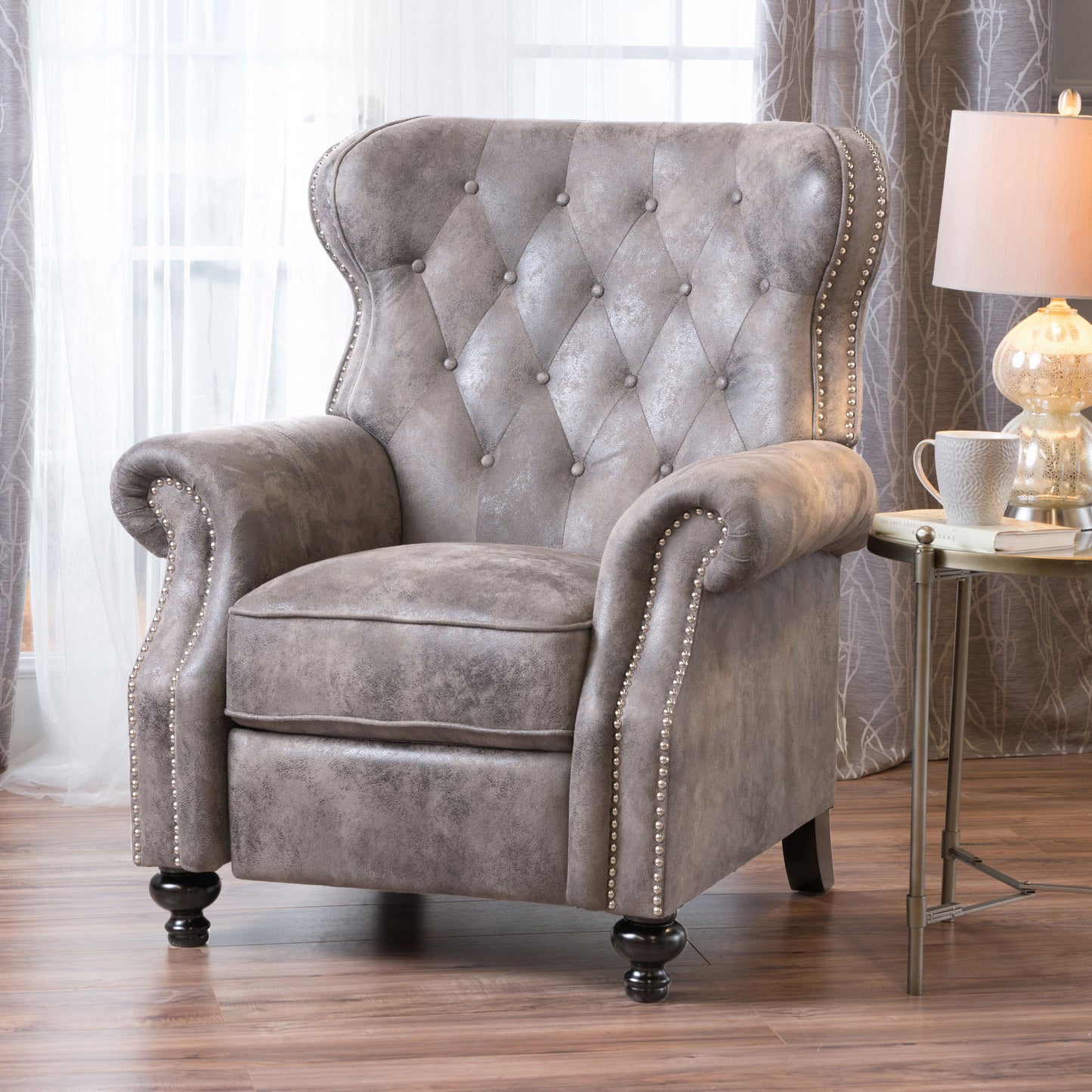 Accented Push Back Recliner Chair With Rolled Arms, Enjoy Cocooning Comfort