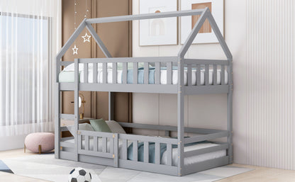 Twin Over Twin House Bunk Bed With Fence And Door