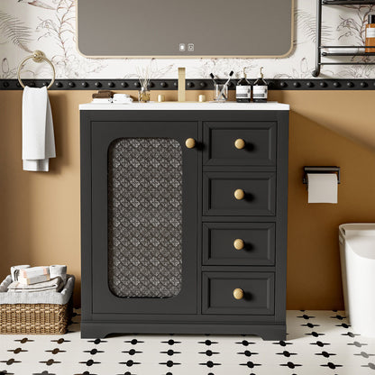 Bathroom Vanity With A Soft Close Glass Door, Adjustable Shelves, And Three Drawers