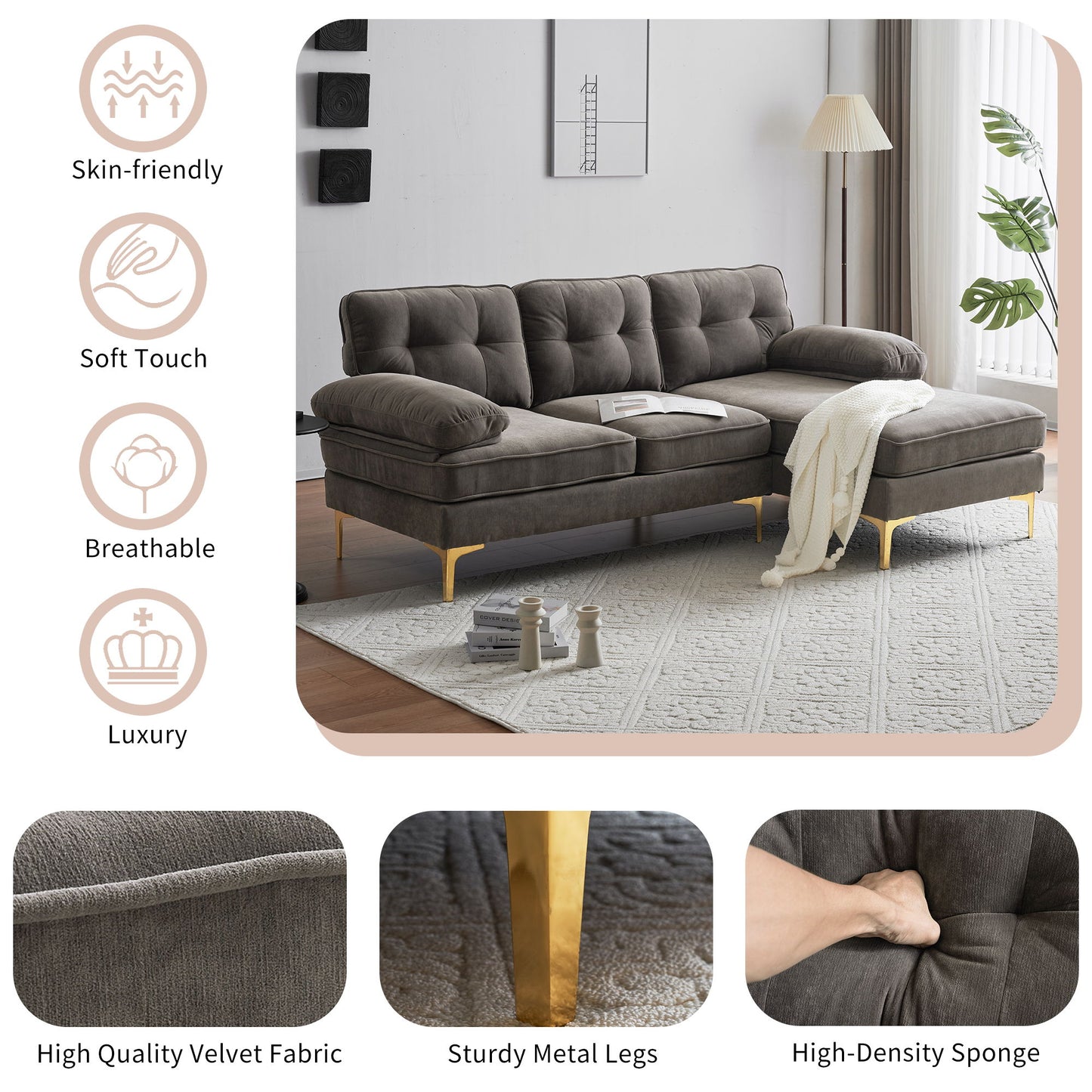 Modern Sectional Sofas Couches Velvet L Shaped Couches For Living Room, Bedroom