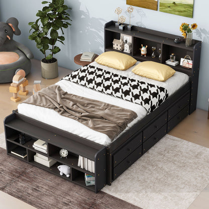 Bed With Bookcase Headboard, Under Bed Storage Drawers And Bed End Storage Case