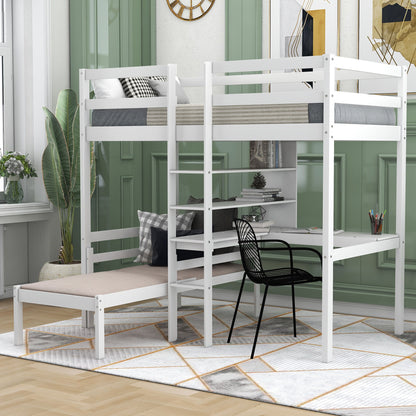 Convertible Loft Bed With L-Shape Desk, Twin Bunk Bed With Shelves And Ladder - White