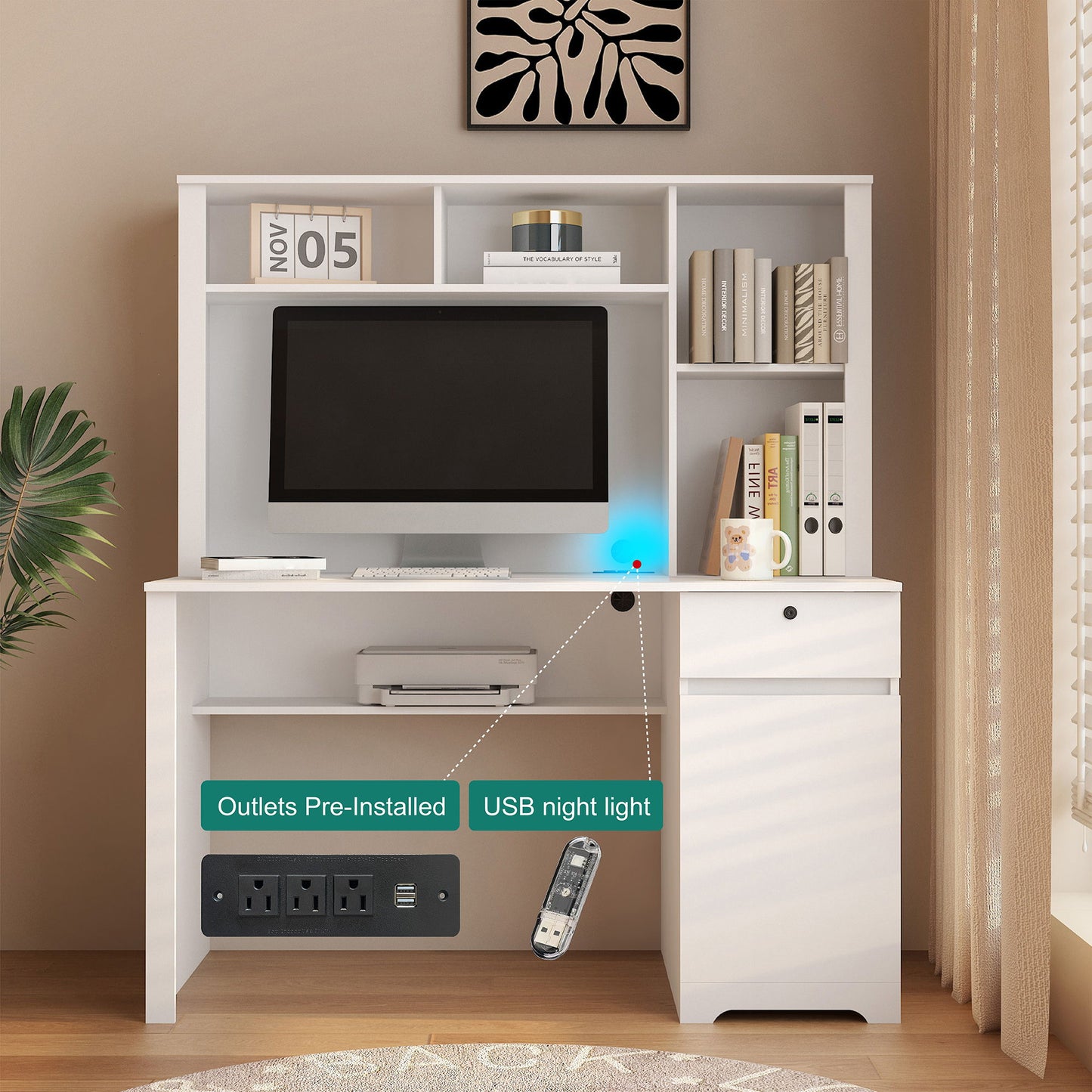 Computer Desk With Hutch & Bookshelf, Wood Executive Desk Teens Student Desk Writing Laptop Home Office Desk With Drawers, 3 Ac Outlets And 2 USB Charging Ports, Study Laptop Table For Home - White