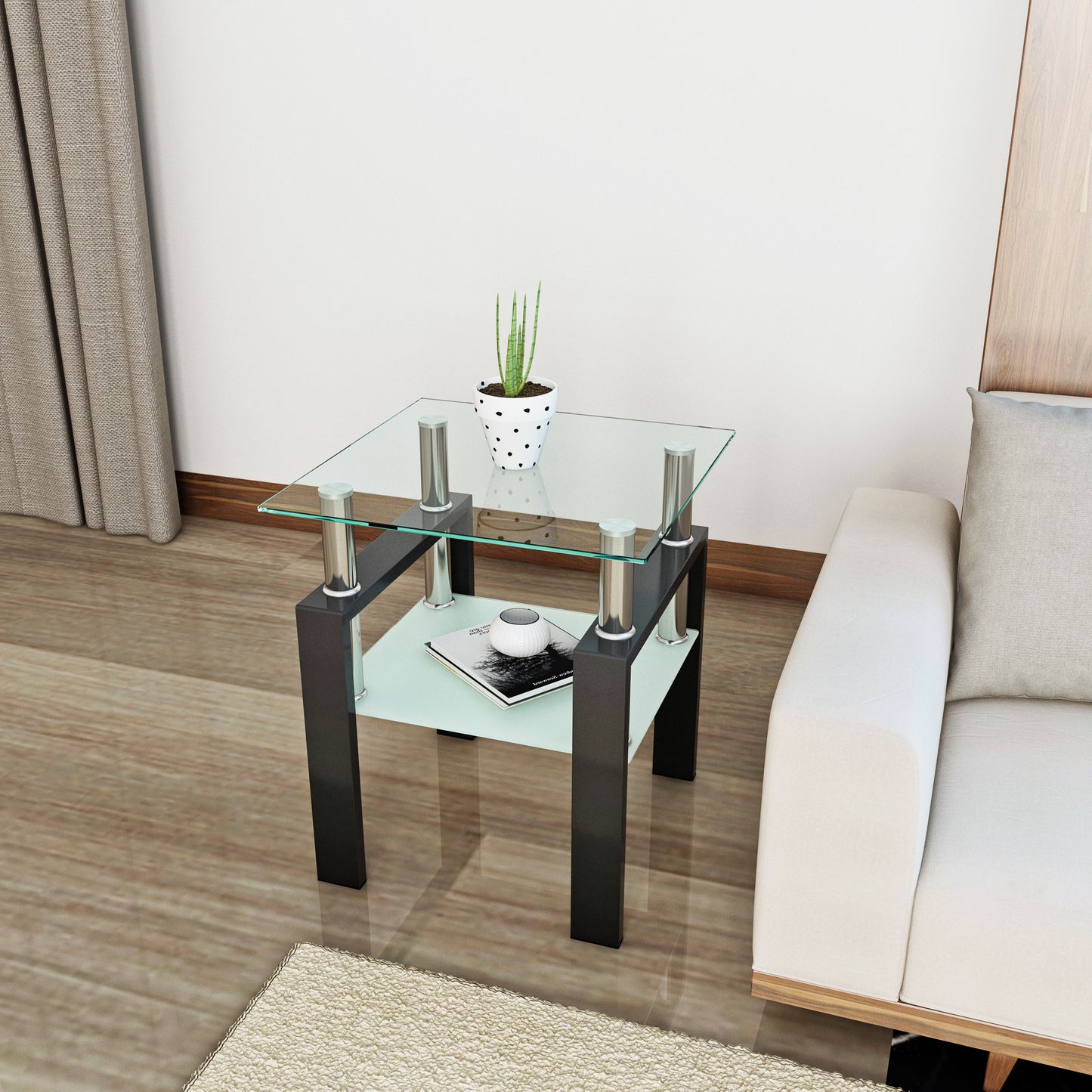 Modern Tempered Glass Tea Table, End Square Table For Living Room