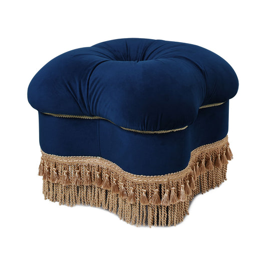 Ellen - Upholstered Clover Ottoman With Gold Bullion Fringe - Navy Blue