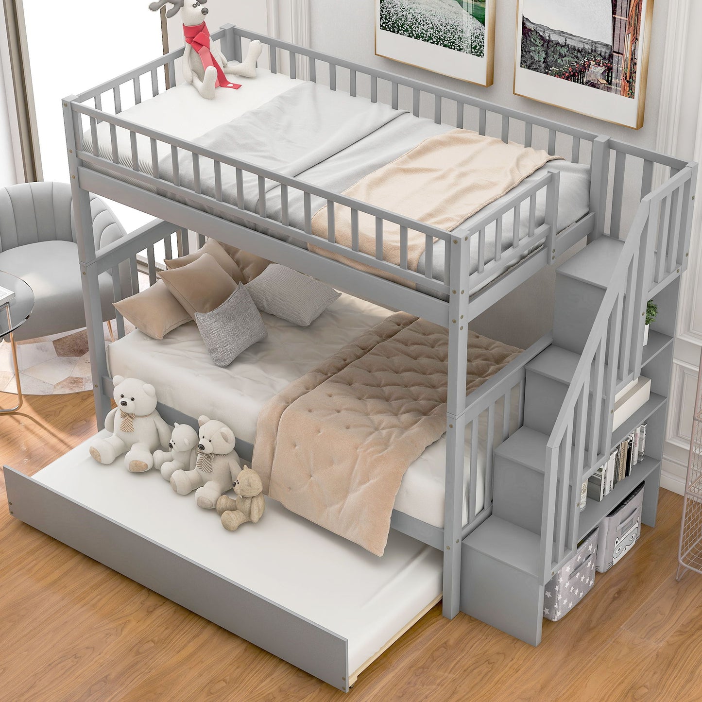 Twin Over Twin Bunk Bed With Trundle And Storage - Gray