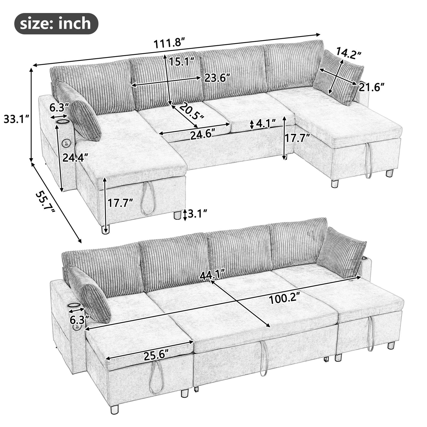 Sectional Sofa Pull Out Sofa Bed Versatile Sofa Sleeper With Large Storage Space, Two USB Ports And Two Cup Holders For Living Room