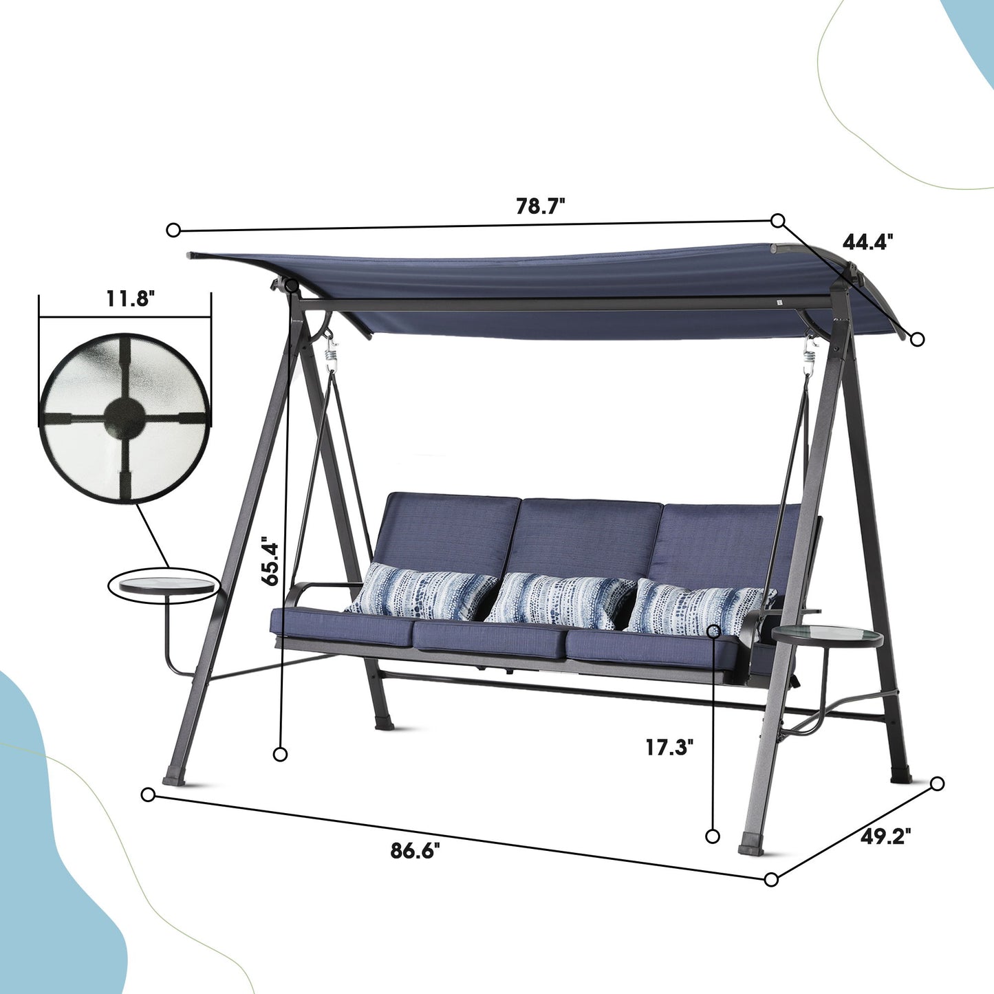 Steel 3 Seater Swing Porch Swing With Canopy - Blue