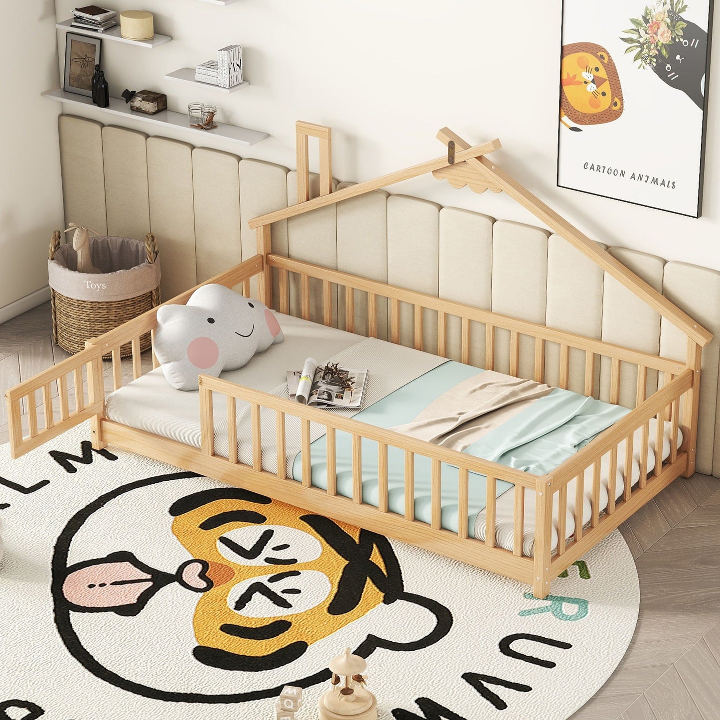 House-Shaped Bedside Floor Bed With Guardrails, Slats, With Door