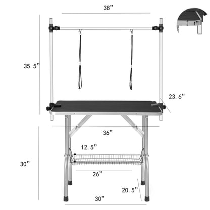 Professional Dog Pet Grooming Table Adjustable Heavy Duty Portable With Arm & Noose & Mesh Tray - Black