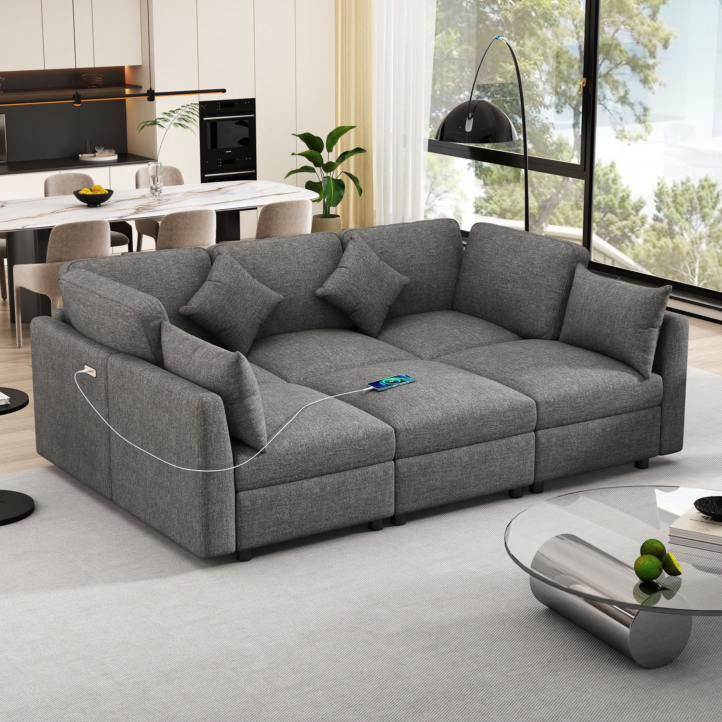 Sectional Sofa Modular Sofa U - Shaped Sofa Couch Sofa Bed L - Shaped Sofa With A Movable Ottoman And Two USB Ports For Living Room