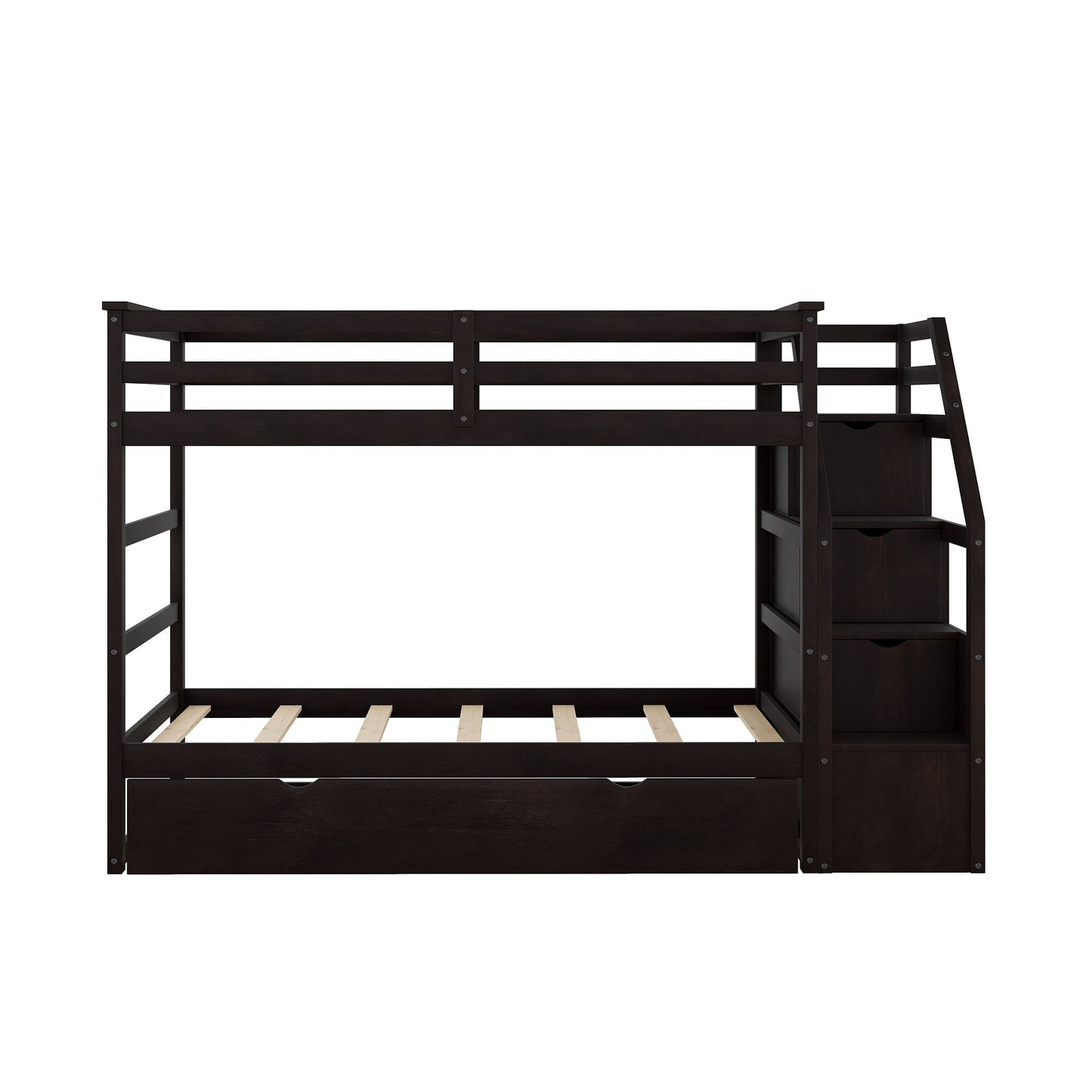 Twin Over Twin Bunk Bed With Twin Size Trundle And 3 Storage Stairs - Espresso