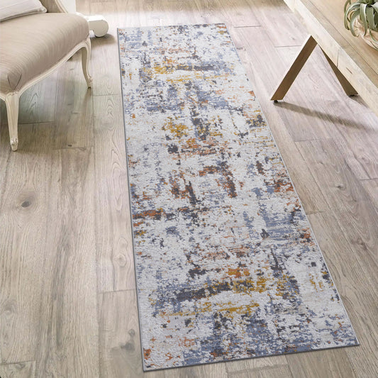 2' x 8' Abstract Non-Shedding Stylish And Stain Resistant Area Rug - Ivory / Blue