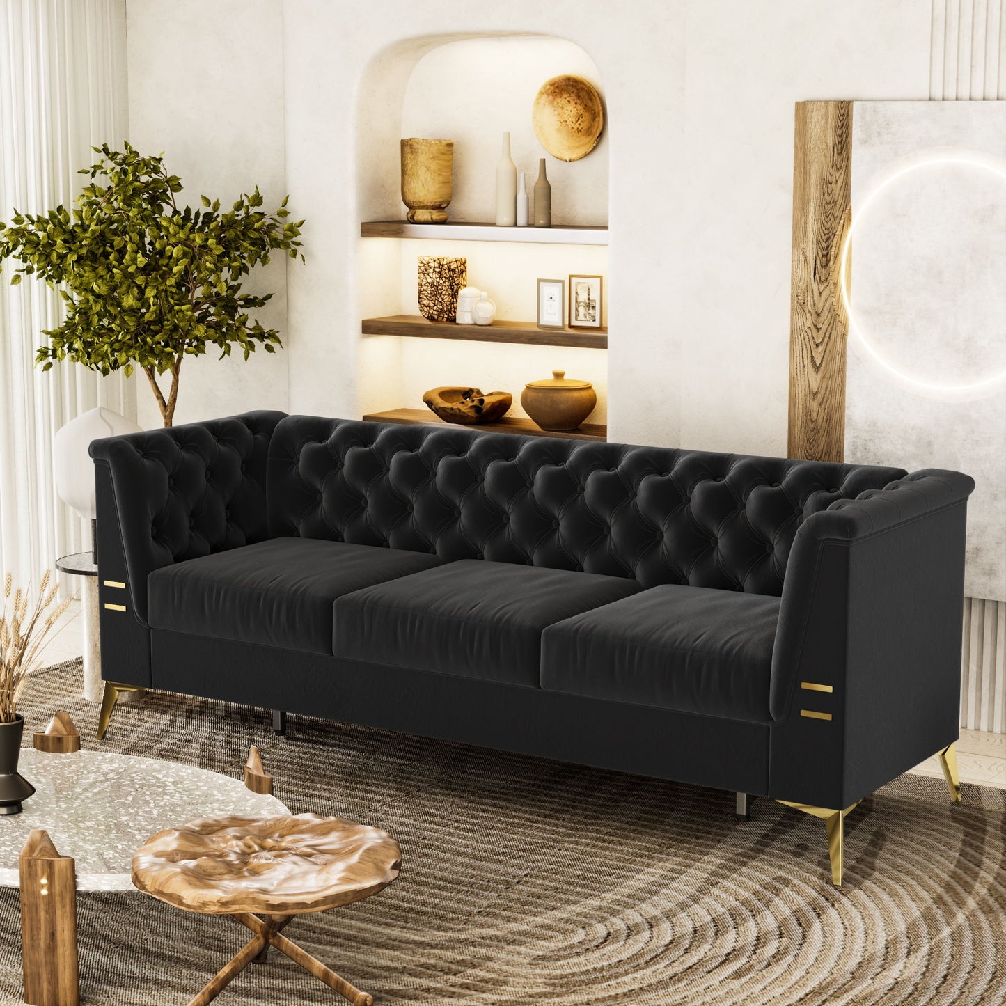 Luxurious Velvet Sofa With Gold Legs, Modern Chesterfield Design, Tufted Upholstery, 3 Seat Couch For Living Room And Office