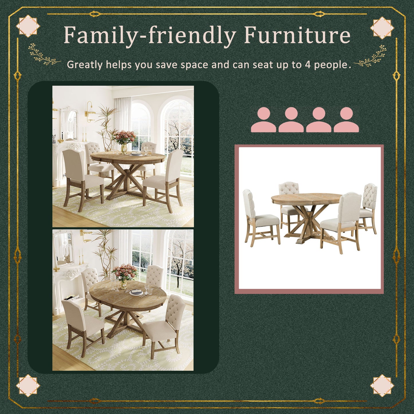 Functional Furniture Retro Style Dining Table Set With Extendable Table And 4 Upholstered Chairs For Dining Room And Living Room