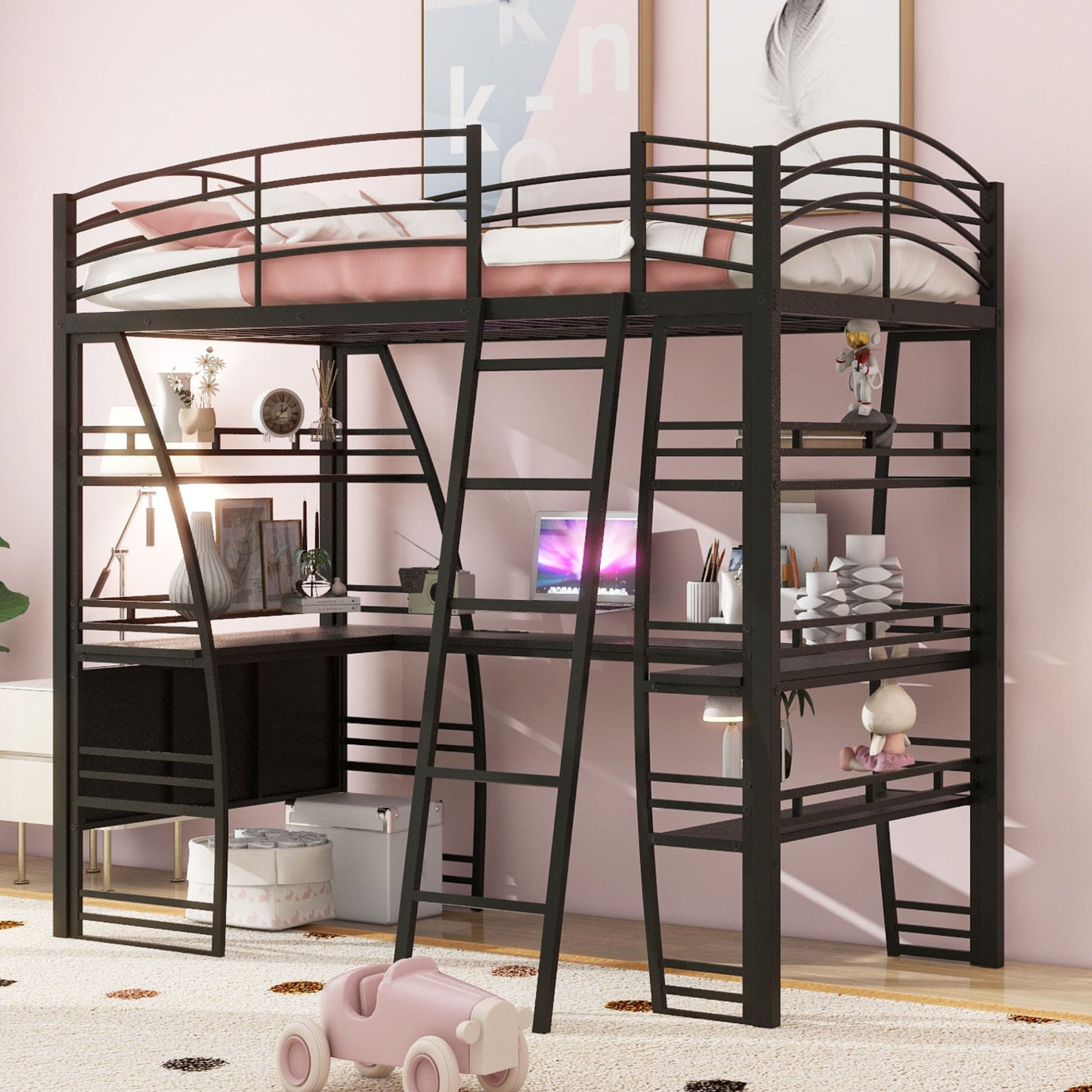 Loft Bed With 4 Layers Of Shelves And L-Shaped Desk, Stylish Metal Frame Bed With A Set Of Sockets, USB Ports And And Wireless Charging