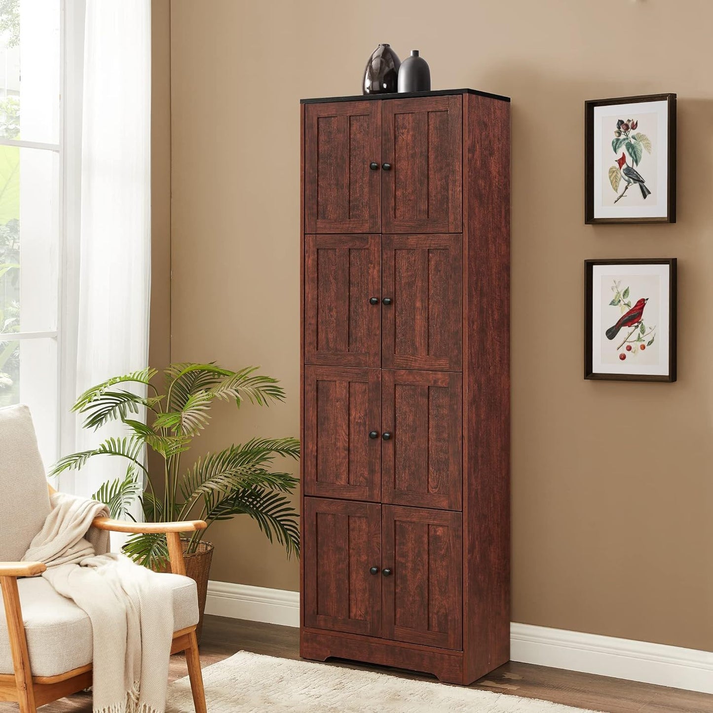 Tall Storage Cabinet With 8 Doors And 4 Shelves, Wall Storage Cabinet For Living Room, Kitchen, Office, Bedroom, Bathroom