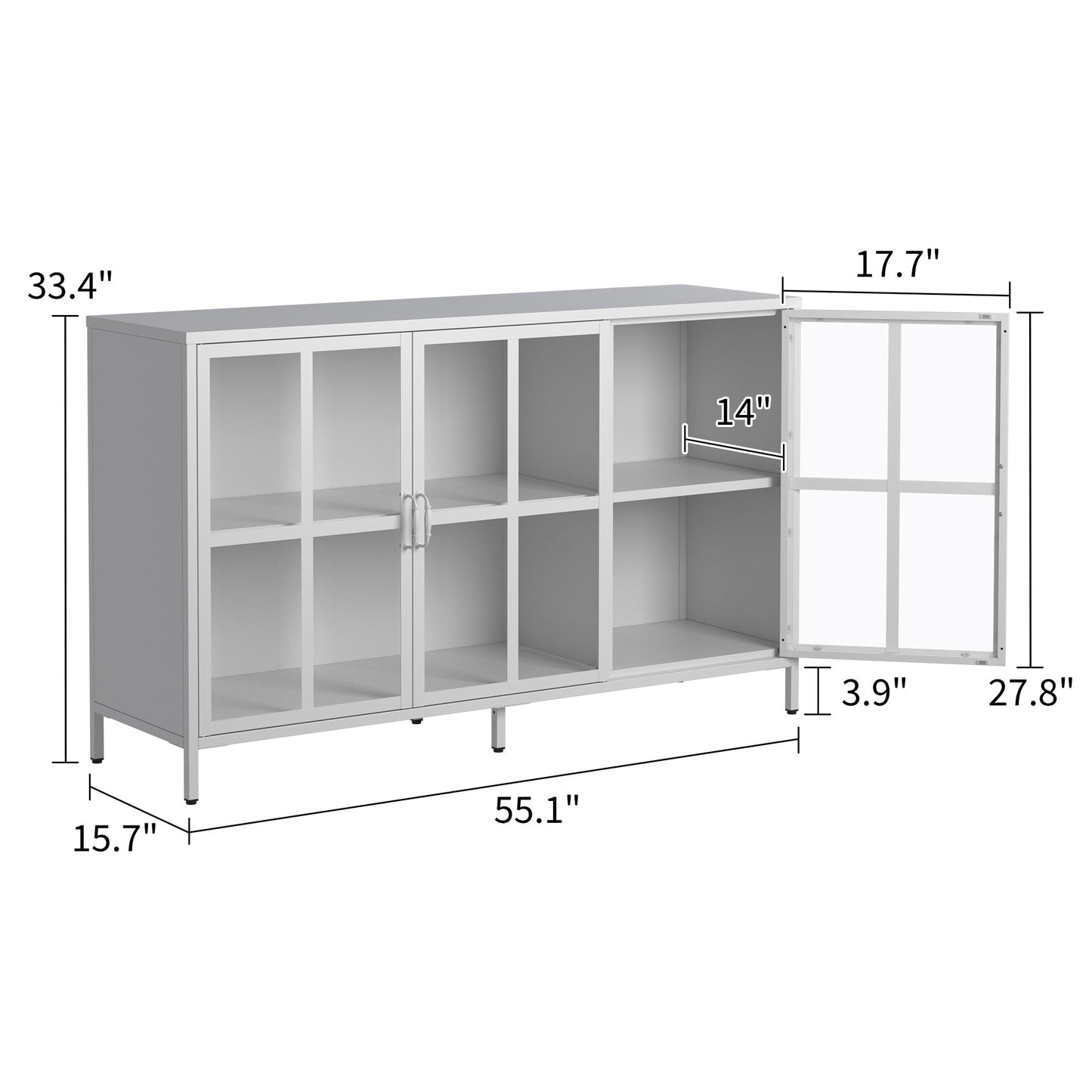 Heavy Duty Metal Modern Sideboard Buffet Cabinet With Storage Premium Steel Storage Cabinet, Adjustable Feet, Glass Doors, Large Capacity Organizer