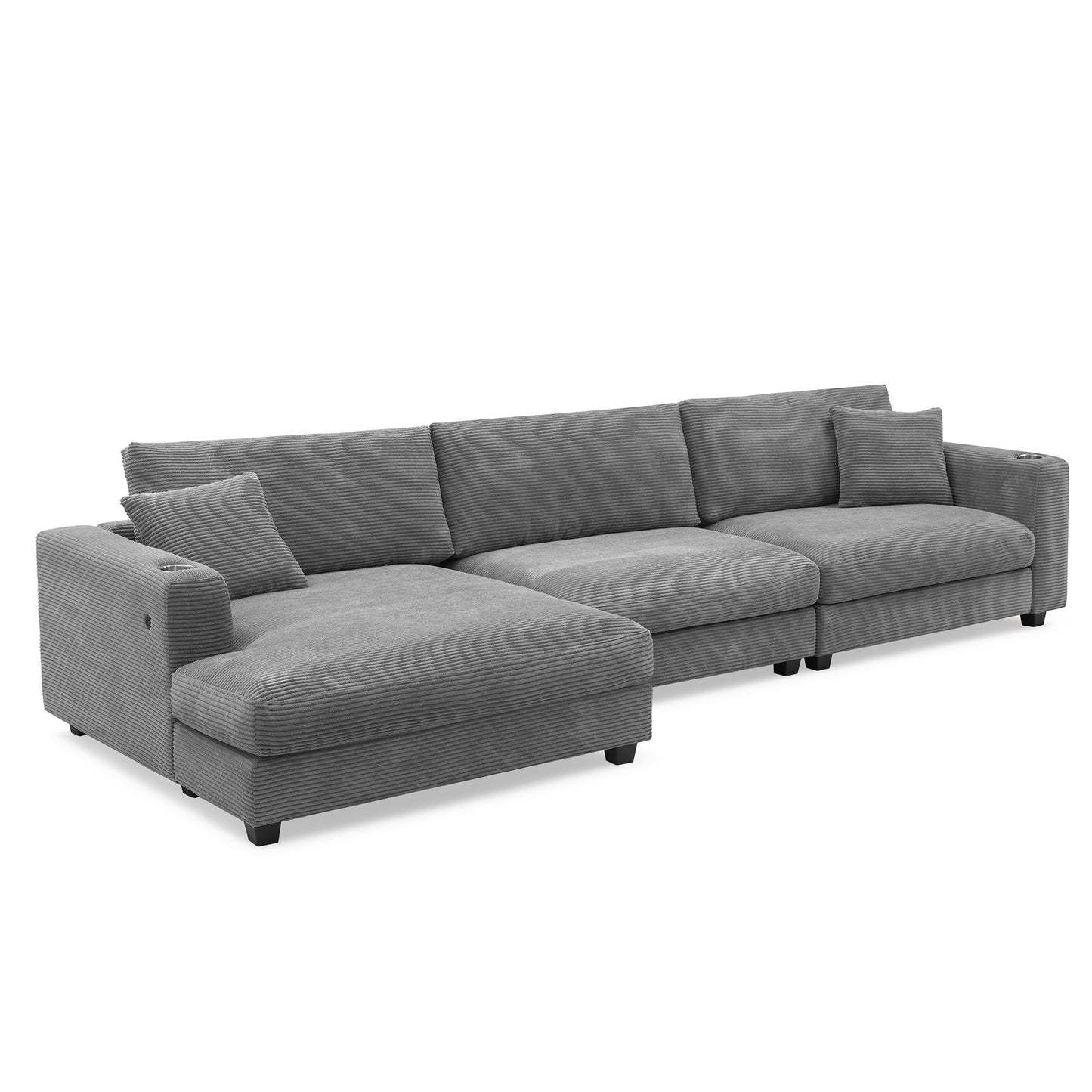 Oversized Corduroy Sectional Sofa, L Shaped Cloud Couch With USB Charging Port, Cup Holder, Deep Seat Sofa Bed With 50" Chaise, Comfy Indoor Furniture For Living Room