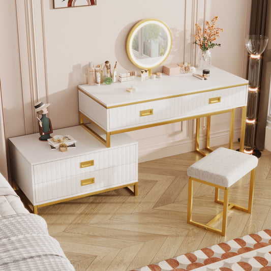 Modern Style Vanity Table With Movable Side Cabinet And 4 Drawers, Large Size Dressing Table With Mirror And 3 Colors Led Light, Makeup Table With Stool - White / Golden