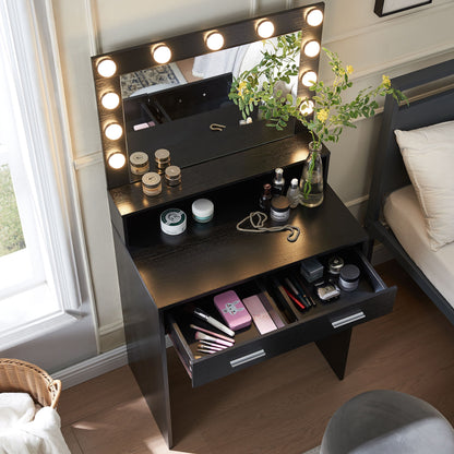 Vanity Desk With Mirror And Lights, Dressing Table With Large Drawer, 2 Level Storage Dresser & 3 Lighting Modes Adjustable Brightness, Suitable For Bedroom