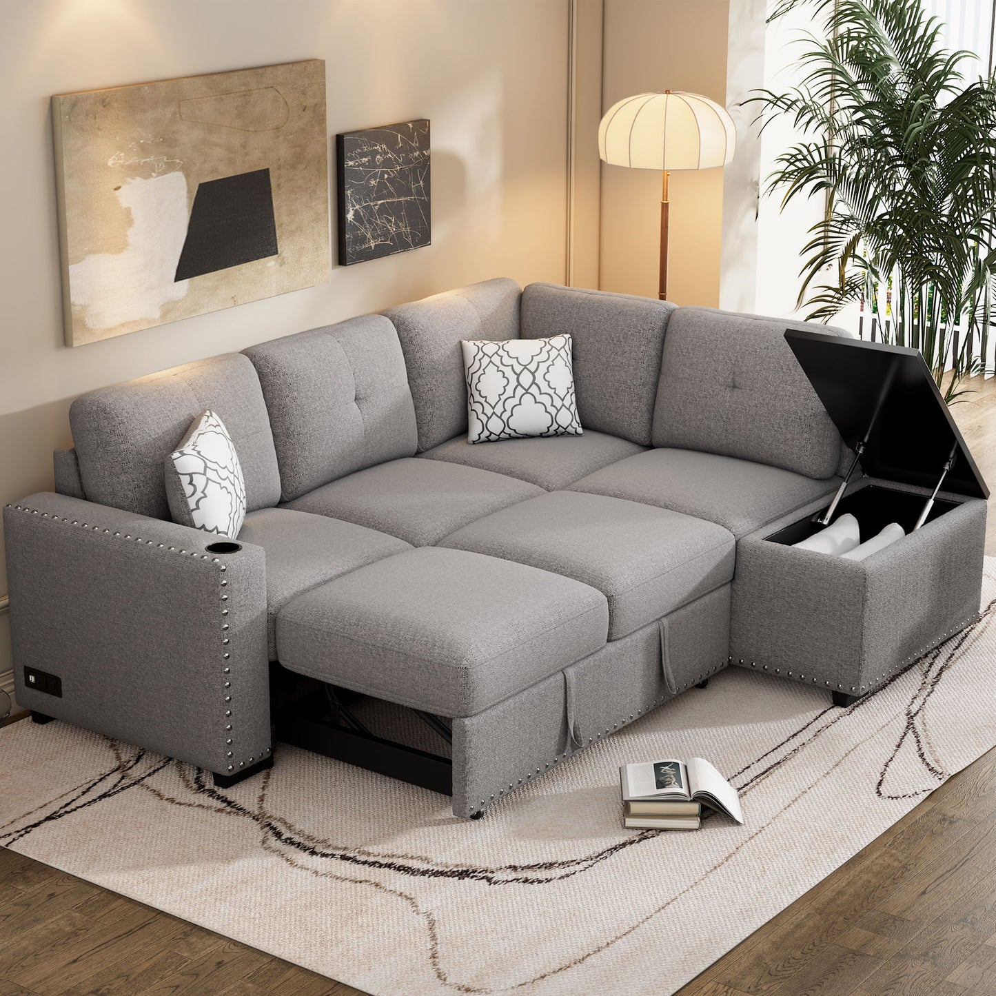 Sectional Pull-Out Sofa Bed L-Shaped Corner Sofa Couch With Storage Chaise, USB Ports, Power Sockets, Cup Holder For Living Room, Bedroom, Study