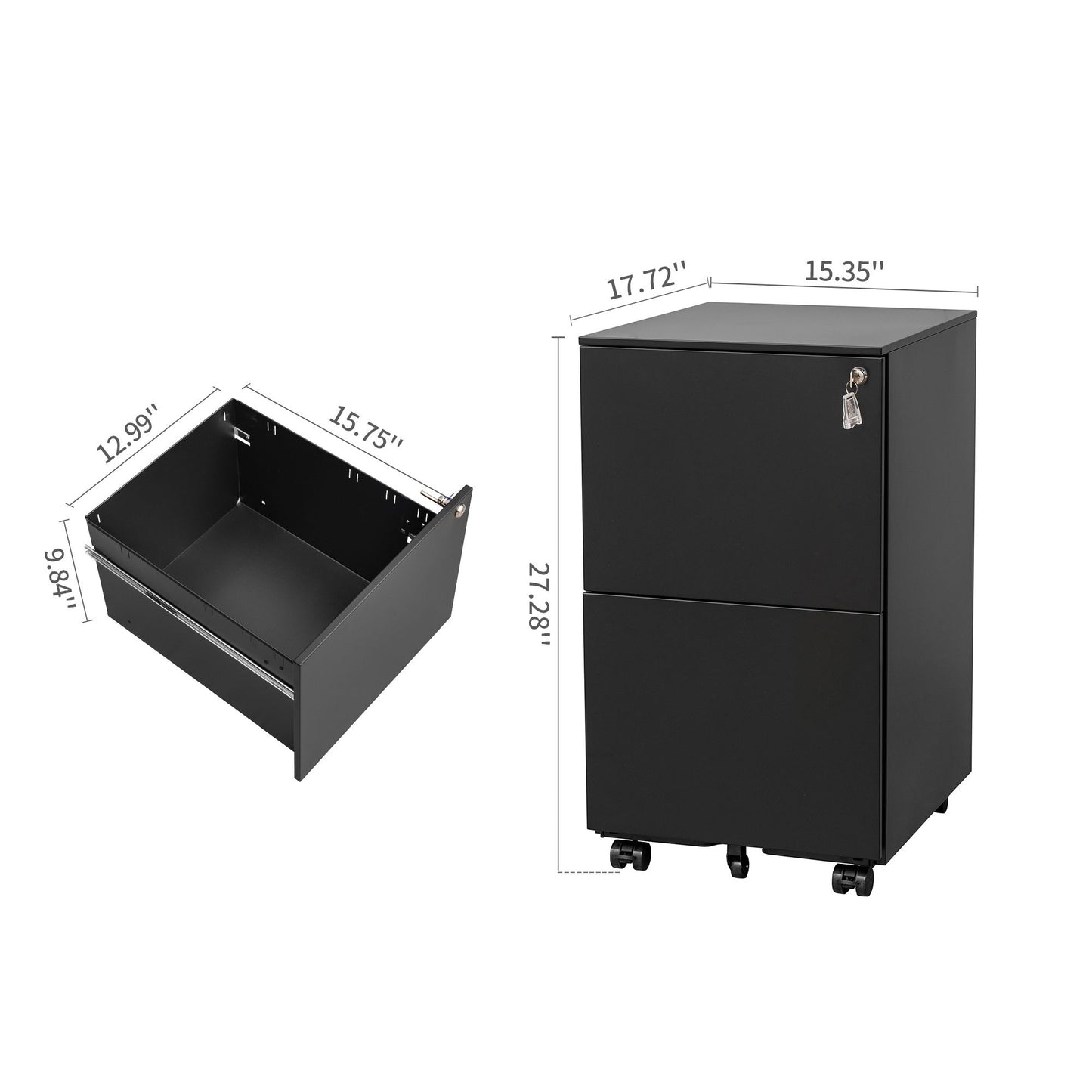 2 Drawer File Cabinet With Lock, Steel Mobile Filing Cabinet On Anti - Tilt Wheels, Rolling Locking Office Cabinets Under Desk For Legal / Letter Size