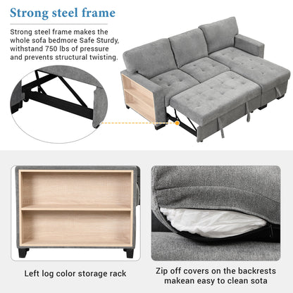 Stylish And Functional Light Chaise Lounge Sectional With Storage Rack Pull-Out Bed Drop Down Table And USB Charger