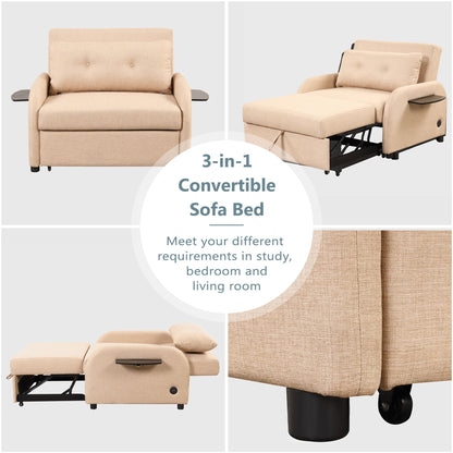 Pull Out Sofa Sleeper 3 In 1 With 2 Wing Table And USB Charge For Nap Line Fabric For Living Room Recreation Room