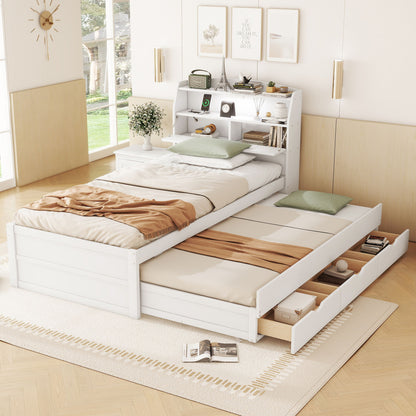 Wooden LED Platform Bed With Trundle, With Storage Headboard, With Drawers