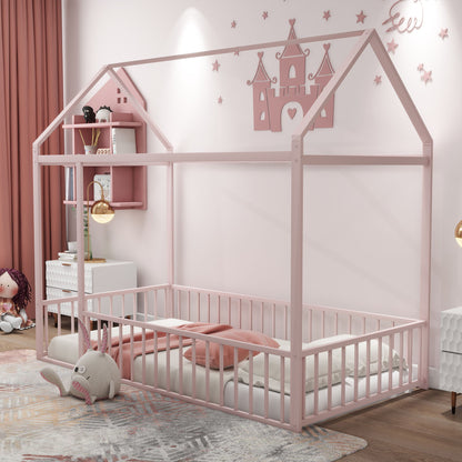 Twin Size Metal Bed House Bed Frame With Fence, For Kids, Teens, Girls, Boys