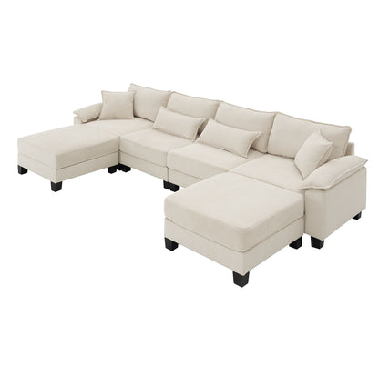 Corduroy Modular Sectional Sofa, U Shaped Couch With Armrest Bags, 6 Seat Freely Combinable Sofa Bed, Comfortable And Spacious Indoor Furniture For Living Room