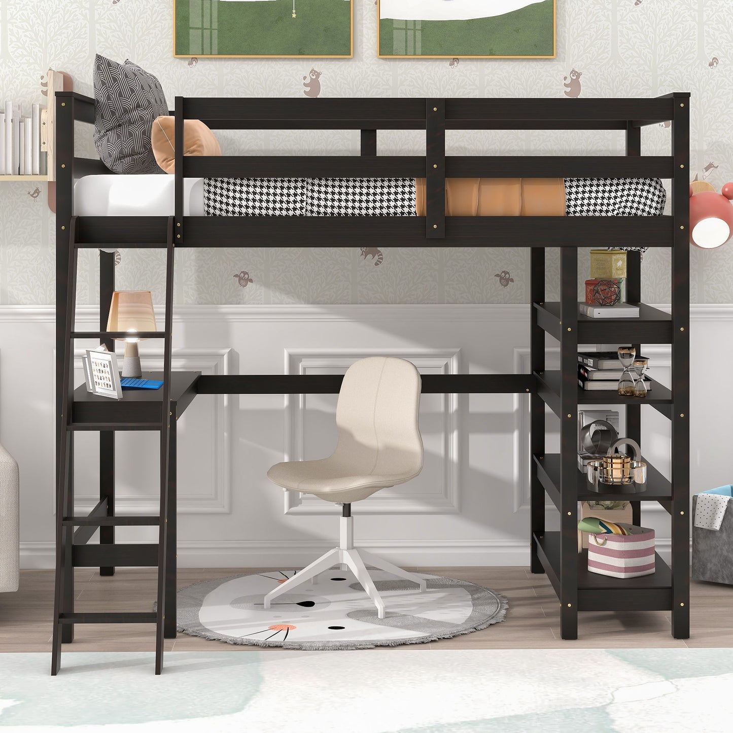 Twin Loft Bed With Desk, Ladder, Shelves