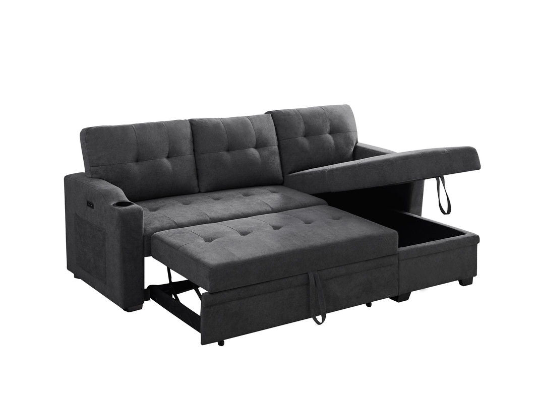 Mabel - Woven Fabric Sleeper Sectional With Cupholder, USB Charging Port nd Pocket - Dark Gray