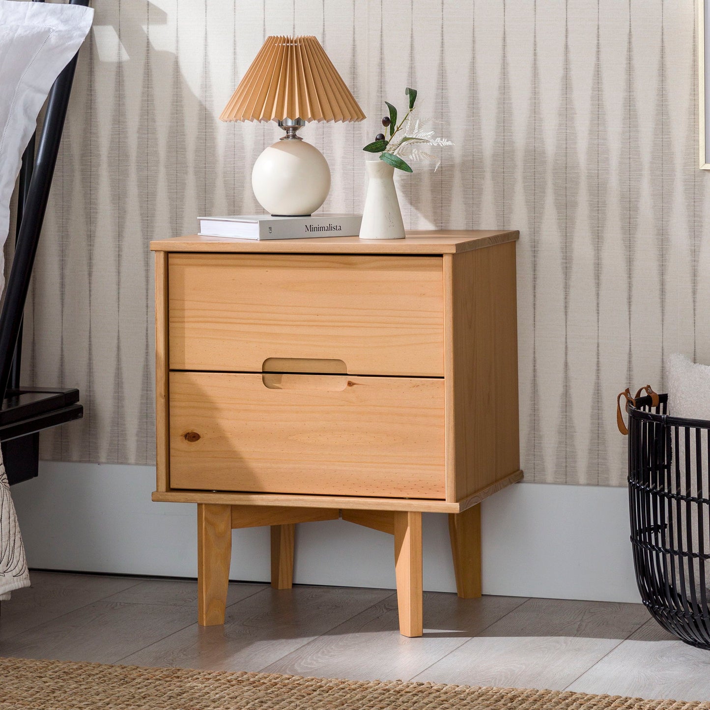 Mid-Century Modern Solid Wood 2 Drawer Nightstand - Natural Pine