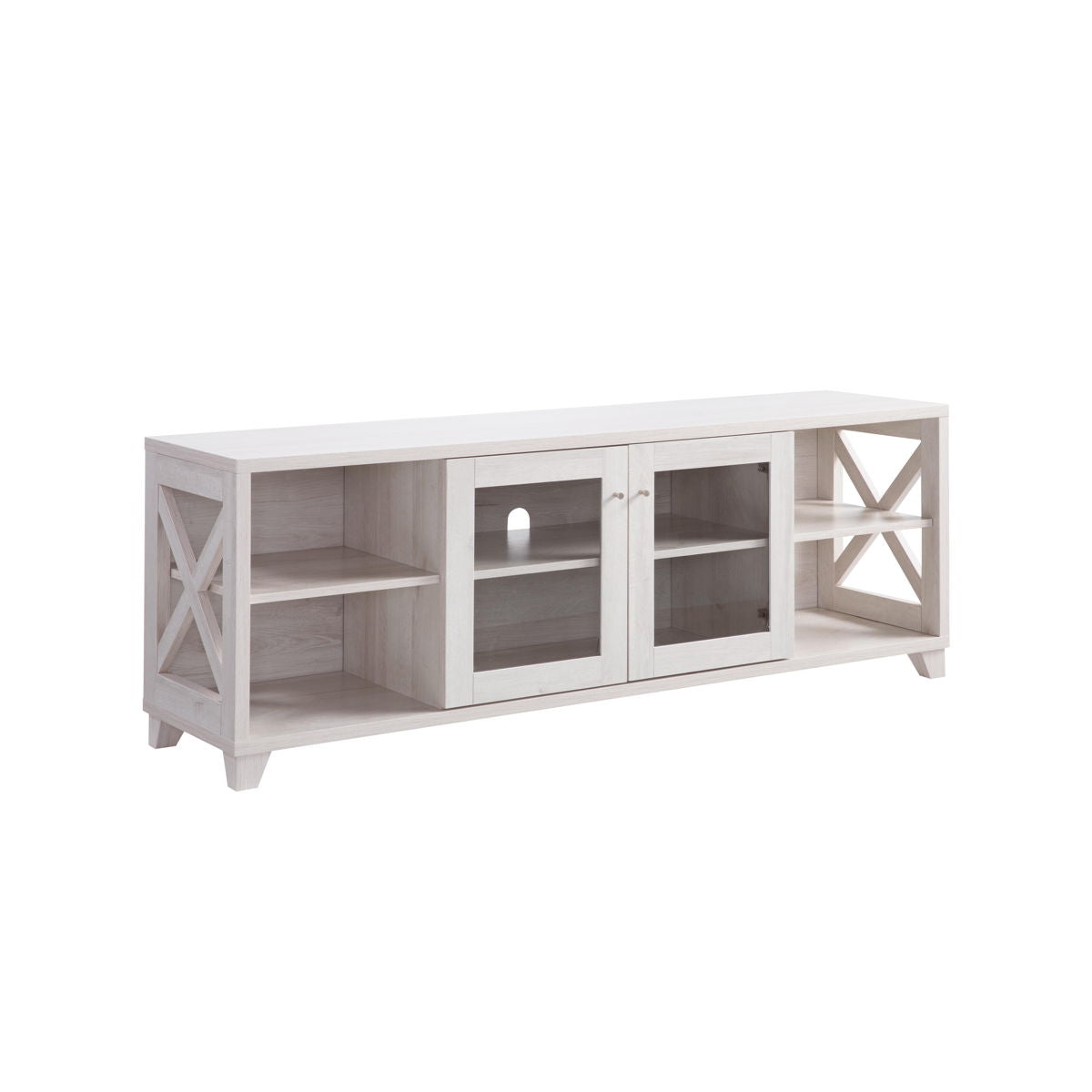 Farmhouse Home Entertainment Center, TV Stand With 4 Shelves And Transparent Center Cabinet - White Oak