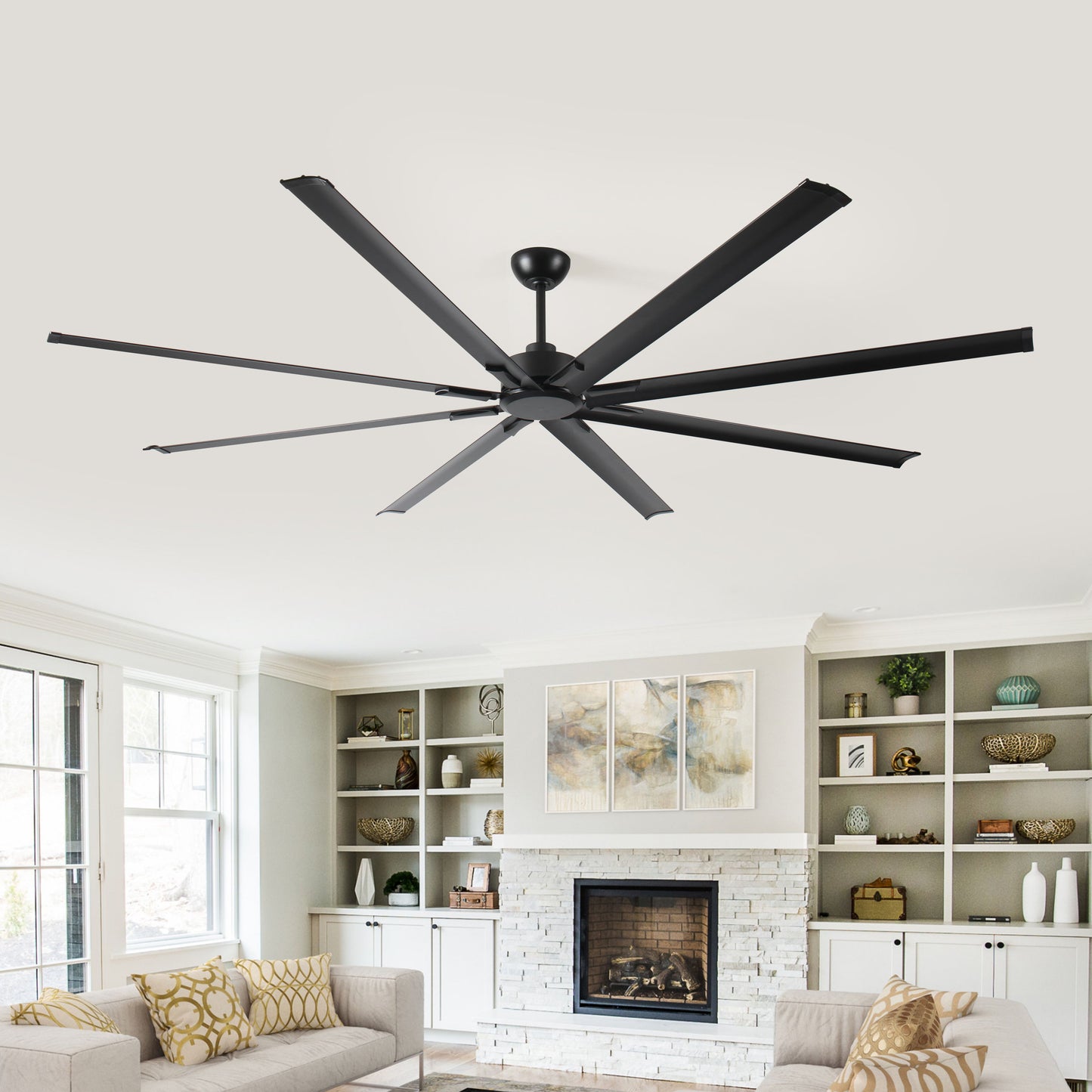 Industrial DC Motor Ceiling Fan, Large Ceiling Fan With 8 Reversible Blades, 5 Speed Remote Control, Home Or Commercial Ceiling Fans For Porch / Garage / Shop - Black