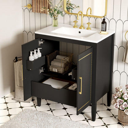 Bathroom Vanity With Ceramic Basin, Soft Close Door, Built-In Hidden Drawer - Black