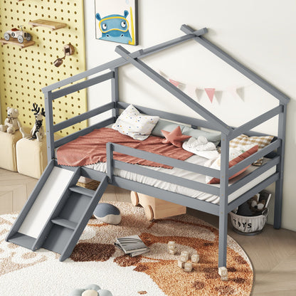 Low Loft House Bed With Slide, Ladder, Safety Guardrails, House Roof Frame