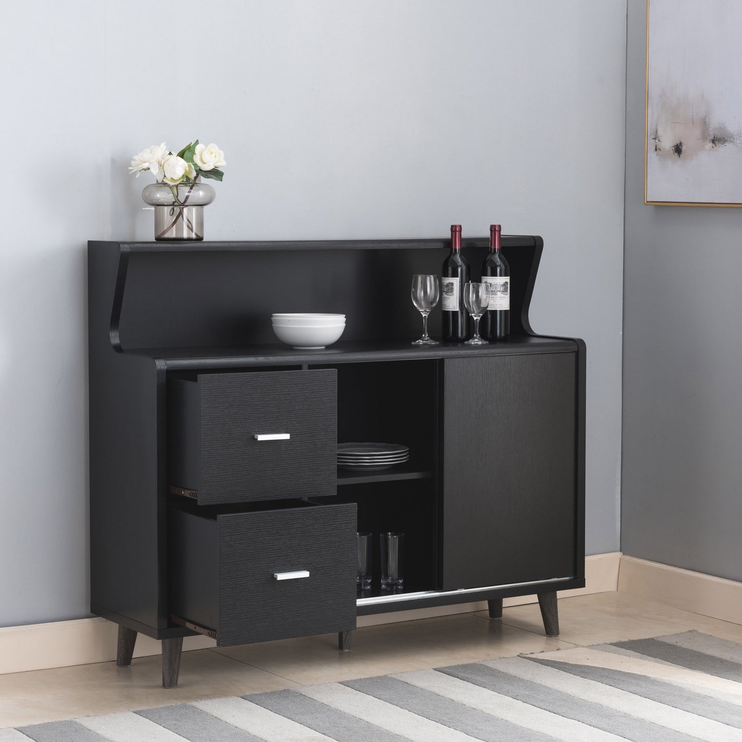 Buffet Cabinet, Coffee Bar With Storage Compartments, Two Drawers, Shelving With Sliding Door - Black