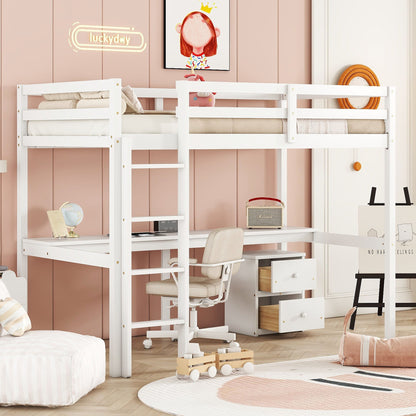 Loft Wood Bed With Under-Bed, Built-In Desk, A Storage Cabinet Of 2 Drawers, Guardrails, Ladder