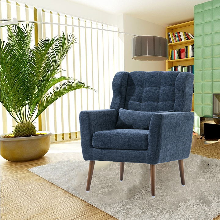 Modern Accent Chair, Chenille Arm Chairs For Living Room, Upholstered Mordern Armchair, Comfy Soft Padded Lounge Chair In Small Space, Bedroom, With Pillow, Solid Wood Leg