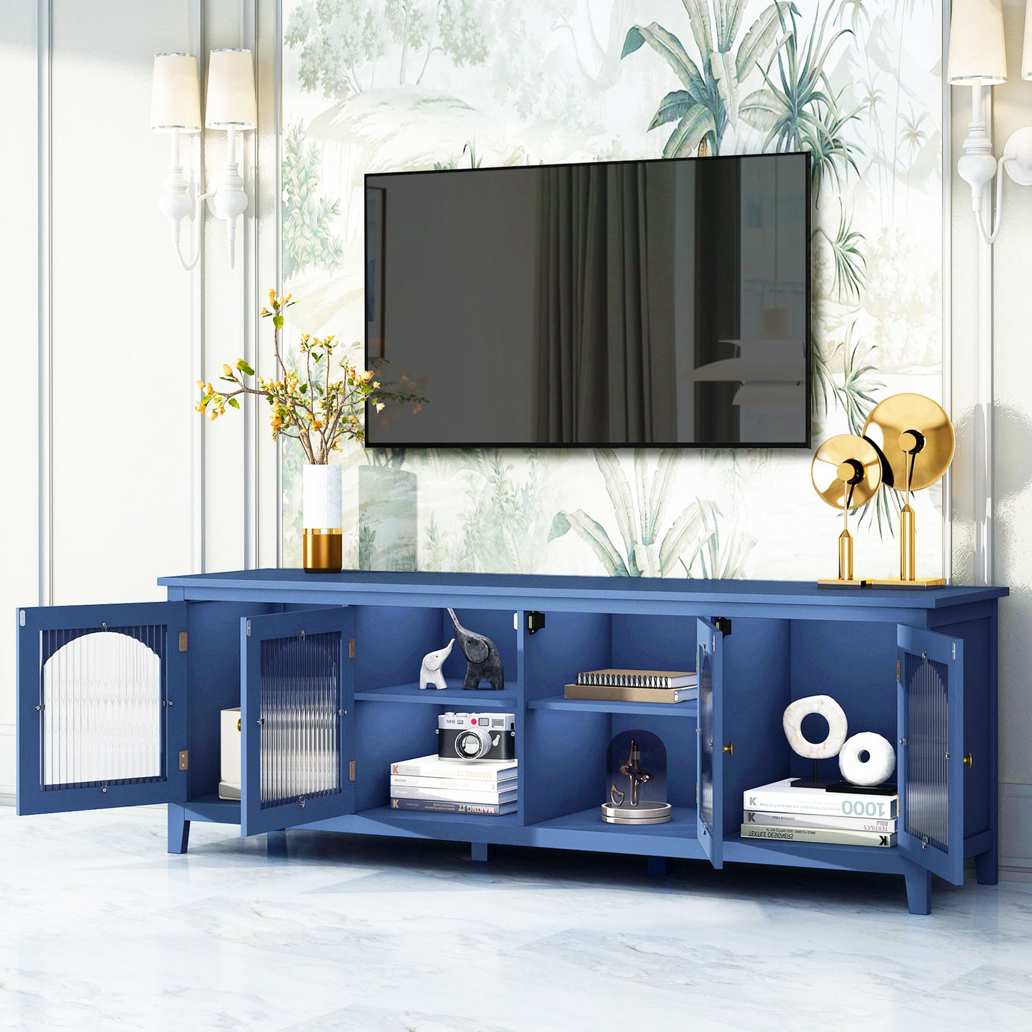 StylishTVcabinet Entertainment CenterTV Stand, TVconsoletable, Media Console, Solidwood Frame, Changhong Glass Door, Metal Handle