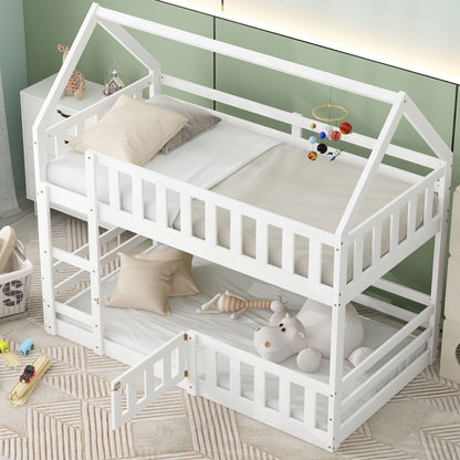 Twin Over Twin House Bunk Bed With Fence And Door