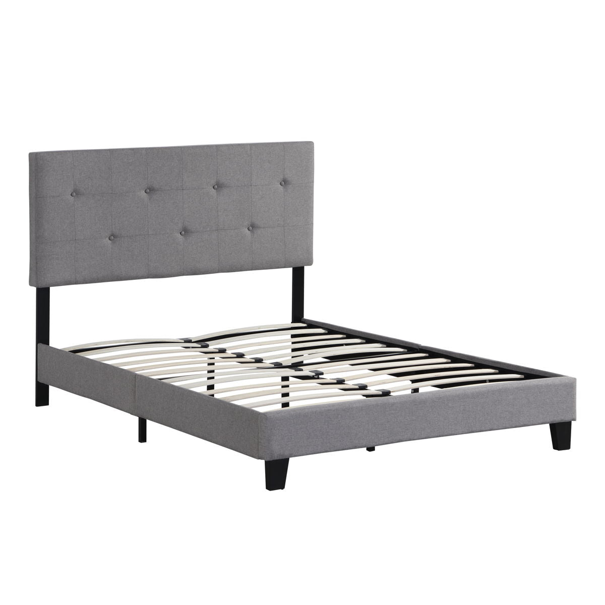 Queen Size Upholstered Platform Bed Frame With Button Tufted Linen Headboard, No Box Spring Needed, Wood Slat Support - Gray